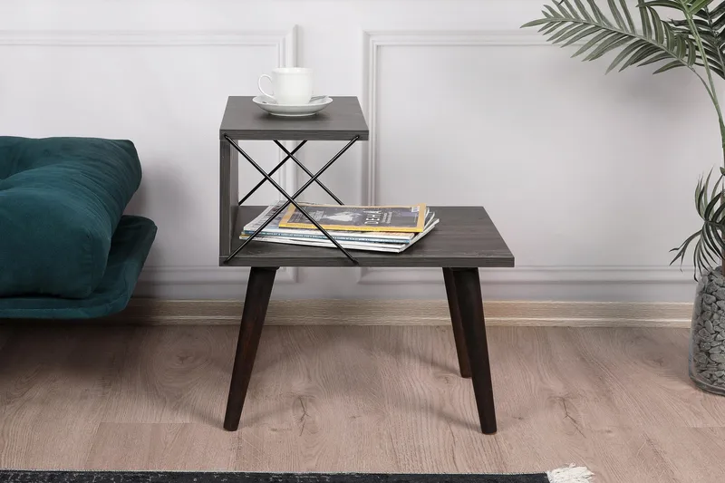 Kaysie Retro Nattbord 50 cm med Tre- og Valnøttutseende, Oppbevaring med Hyller - Mørkebrun - Møbler - Bord - Avlastningsbord & sidobord - Sengebord & nattbord