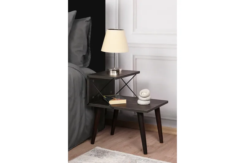 Kaysie Retro Nattbord 50 cm med Tre- og Valnøttutseende, Oppbevaring med Hyller - Mørkebrun - Møbler - Bord - Avlastningsbord & sidobord - Sengebord & nattbord