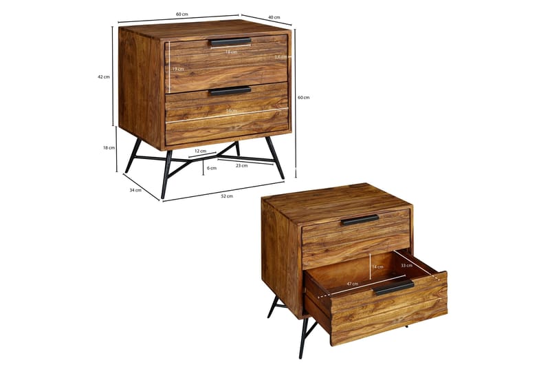 Kimbal Nattbord 60 cm med Oppbevaring 2 Skuffer - Massivt Tre/Svart - Møbler - Bord - Avlastningsbord & sidobord - Sengebord & nattbord