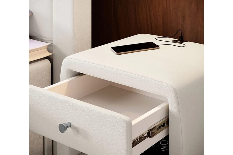 Lysander Nattbord 48 cm med Oppbevaring Skuff - Hvit Kunstskinn - Møbler - Bord - Avlastningsbord & sidobord - Sengebord & nattbord