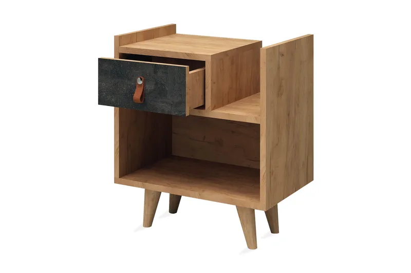 Mod Design Nattbord 50 cm med Oppbevaring Skuff + Hylle Lærb - Grå/Tre - Møbler - Bord - Avlastningsbord & sidobord - Sengebord & nattbord