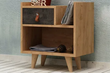Mod Design Nattbord 50 cm med Oppbevaring Skuff + Hylle Lærb - Grå/Tre - Møbler - Bord - Avlastningsbord & sidobord - Sengebord & nattbord