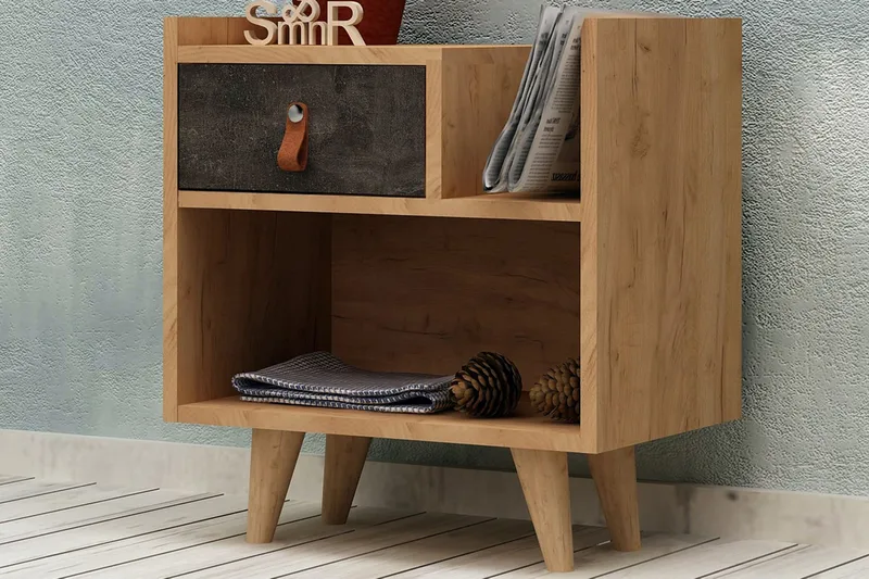 Mod Design Nattbord 50 cm med Oppbevaring Skuff + Hylle Lærb - Grå/Tre - Møbler - Bord - Avlastningsbord & sidobord - Sengebord & nattbord