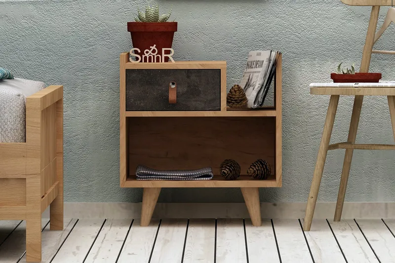 Mod Design Nattbord 50 cm med Oppbevaring Skuff + Hylle Lærb, Grå/Tre