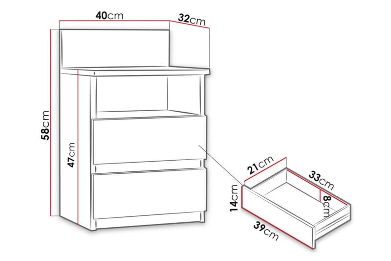 Nattbord Charlise 40 cm med Oppbevaring 2 Skuffer + Hylle - Svart - Sengebord & nattbord