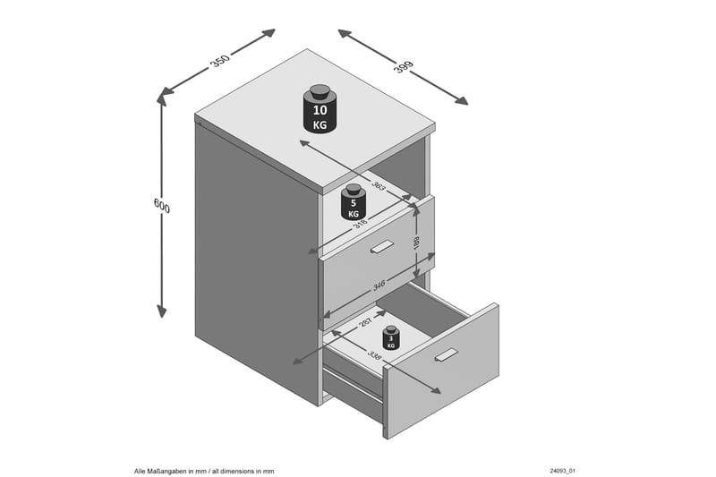 Nattbord Dulcinia 35 cm med Oppbevaring 2 Skuffer + Hylle - Hvit - Sengebord & nattbord