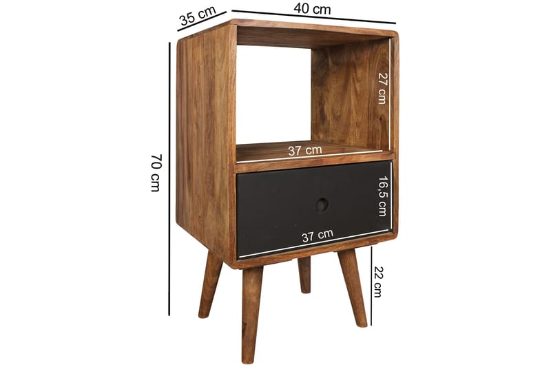 Nattbord Hongsermeier 40 cm med Oppbevaring Skuff + Hylle - Massivt Tre/Svart - Sengebord & nattbord