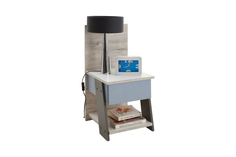 Nattbord Ridley 34 cm med Oppbevaring Skuffer + Panel, Hvit/Beige/Grå/Blå