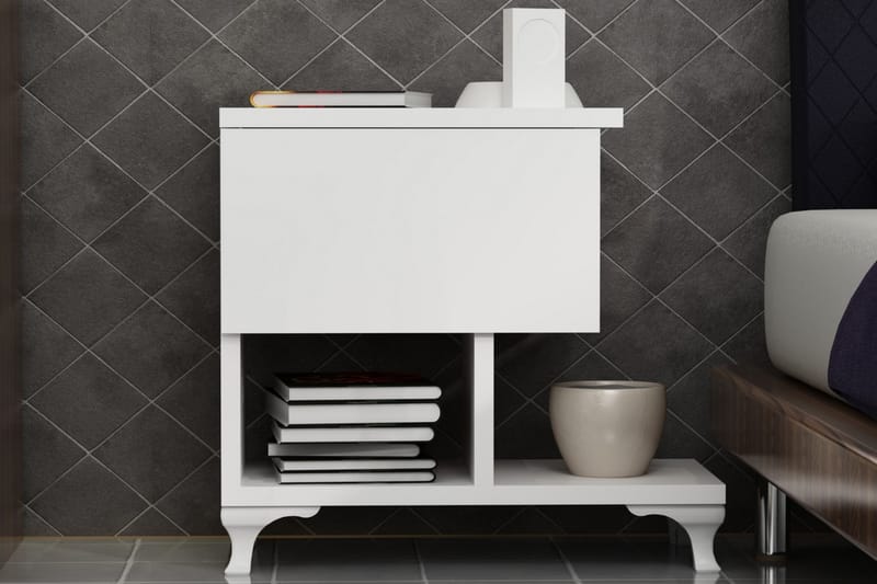 Nattbord Pangler 46 cm med Oppbevaring Skuff + Hyller Ben - Hvit - Møbler - Bord - Avlastningsbord & sidobord - Sengebord & nattbord