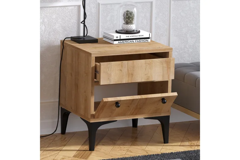 Nightstand Eik - Natur / Svart - Møbler - Bord - Avlastningsbord & sidobord - Sengebord & nattbord