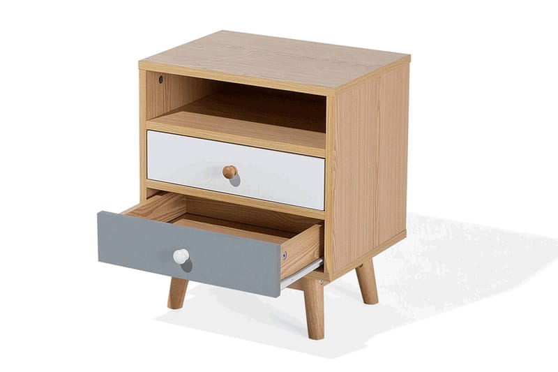 Peinmore Nattbord 40 cm med Oppbevaring 2 Skuffer + Hylle - Brun/Hvit/Grå - Møbler - Bord - Avlastningsbord & sidobord - Sengebord & nattbord