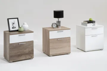 Polyxo Nattbord 38 cm med Oppbevaring 2 Skuffer - Hvit/Eikfarge/Lysegrå - Møbler - Bord - Avlastningsbord & sidobord - Sengebord & nattbord