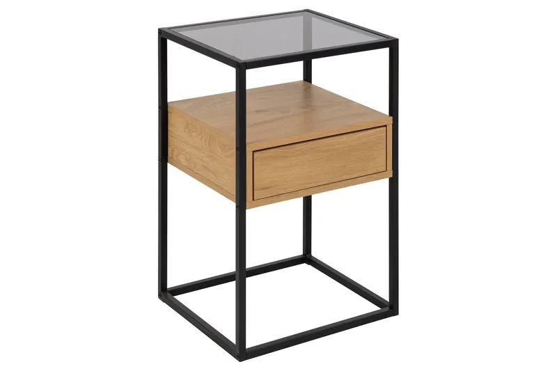 Sakila Nattbord 35 cm i Glass med Eikeutseende, Oppbevaring med Skuff, Natur
