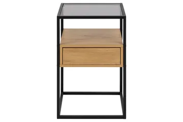 Sakila Nattbord 35 cm i Glass med Eikeutseende, Oppbevaring med Skuff - Natur - Møbler - Bord - Avlastningsbord & sidobord - Sengebord & nattbord