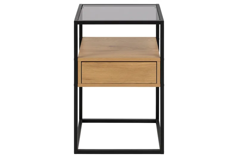 Sakila Nattbord 35 cm i Glass med Eikeutseende, Oppbevaring med Skuff - Natur - Møbler - Bord - Avlastningsbord & sidobord - Sengebord & nattbord