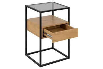 Sakila Nattbord 35 cm i Glass med Eikeutseende, Oppbevaring med Skuff - Natur - Møbler - Bord - Avlastningsbord & sidobord - Sengebord & nattbord
