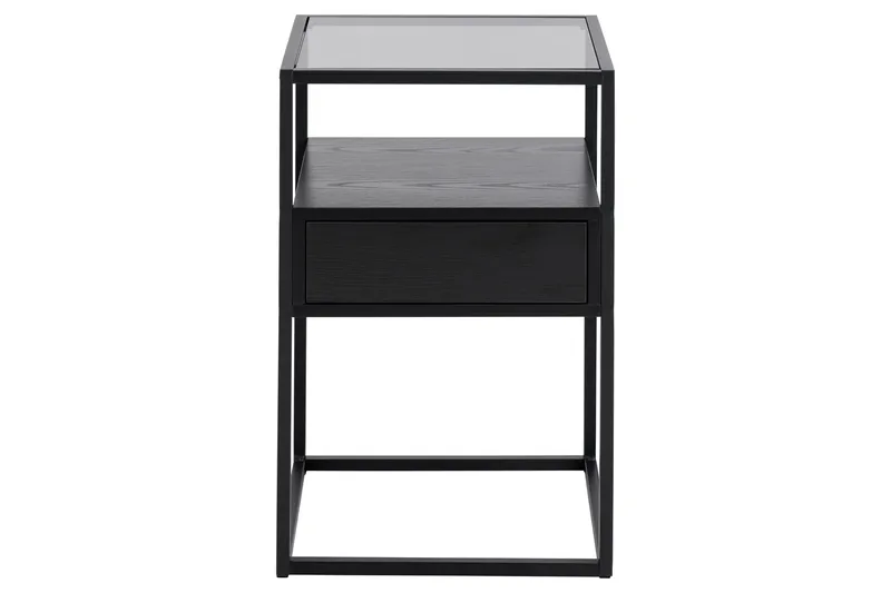 Sakila Nattbord 35 cm i Glass med Valnøttutseende, Oppbevaring med Skuff - Svart - Møbler - Bord - Avlastningsbord & sidobord - Sengebord & nattbord