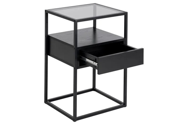 Sakila Nattbord 35 cm i Glass med Valnøttutseende, Oppbevaring med Skuff - Svart - Møbler - Bord - Avlastningsbord & sidobord - Sengebord & nattbord