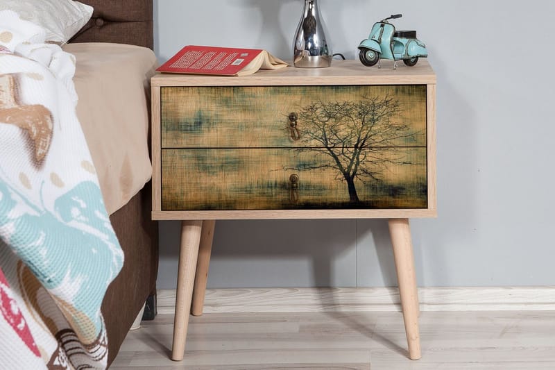 Vellavie Nattbord 60 cm med Oppbevaring 2 Skuffer Tredsilhue - Brun/Grønn - Møbler - Bord - Avlastningsbord & sidobord - Sengebord & nattbord