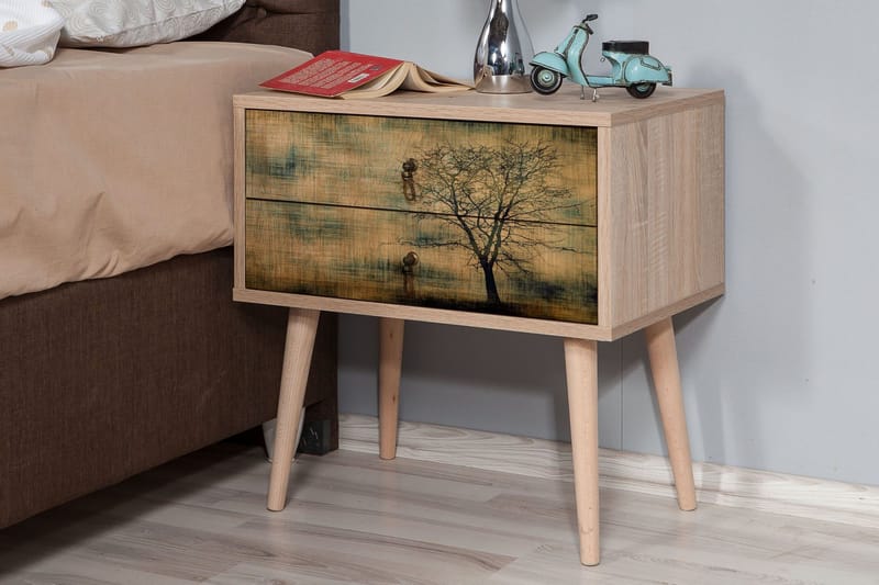 Vellavie Nattbord 60 cm med Oppbevaring 2 Skuffer Tredsilhue - Brun/Grønn - Møbler - Bord - Avlastningsbord & sidobord - Sengebord & nattbord