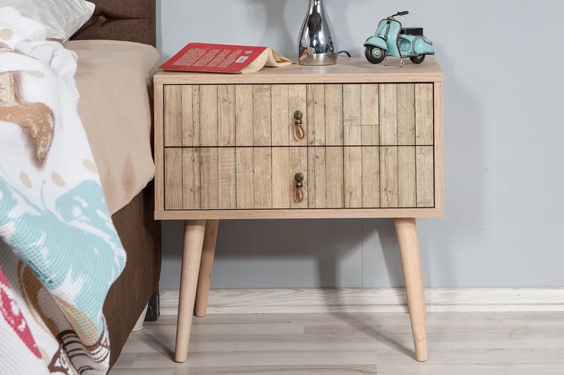 Vellavie Nattbord 60 cm med Oppbevaring 2 Skuffer Vertikalt - Lysebrun - Møbler - Bord - Avlastningsbord & sidobord - Sengebord & nattbord