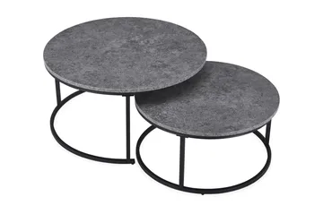 Thyra Rundt Settbord - 2 Sofabord 90 og 75 cm med Steinutseende og Metallben - Grå & Svart - Møbler - Bord - Avlastningsbord & sidobord - Settbord