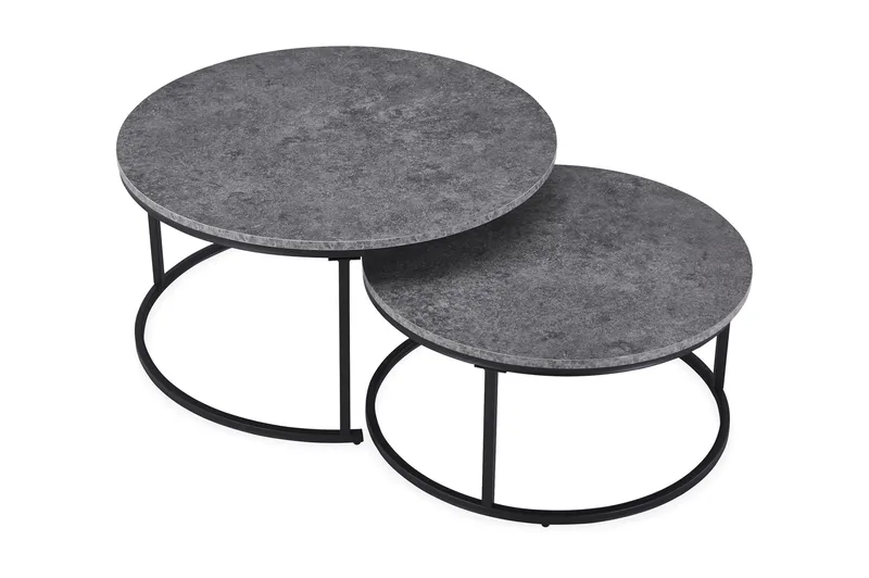 Thyra Rundt Settbord - 2 Sofabord 90 og 75 cm med Steinutseende og Metallben - Grå & Svart - Møbler - Bord - Avlastningsbord & sidobord - Settbord