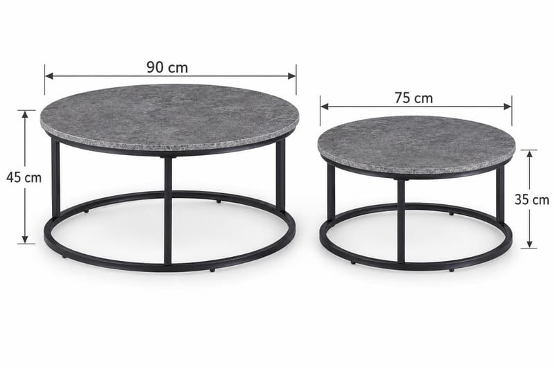 Thyra Rundt Settbord - 2 Sofabord 90 og 75 cm med Steinutseende og Metallben - Grå & Svart - Møbler - Bord - Avlastningsbord & sidobord - Settbord