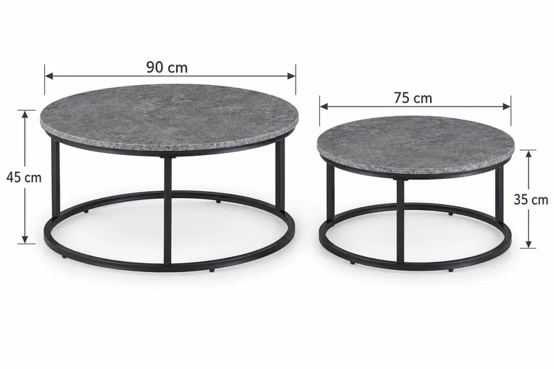Thyra Rundt Settbord - 2 Sofabord 90 og 75 cm med Steinutseende og Metallben - Grå|Svart - Møbler - Bord - Avlastningsbord & sidobord - Settbord