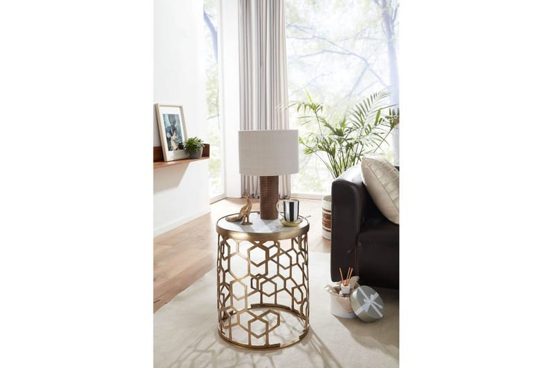 Sidebord Wohnling Ekte marmor, rund, 44 cm, bikubemønstret base, moderne stil - Møbler - Bord - Avlastningsbord & sidobord - Lampebord & sidebord