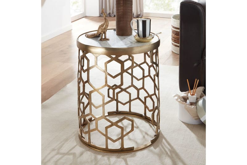 Sidebord Wohnling Ekte marmor, rund, 44 cm, bikubemønstret base, moderne stil - Møbler - Bord - Avlastningsbord & sidobord - Lampebord & sidebord