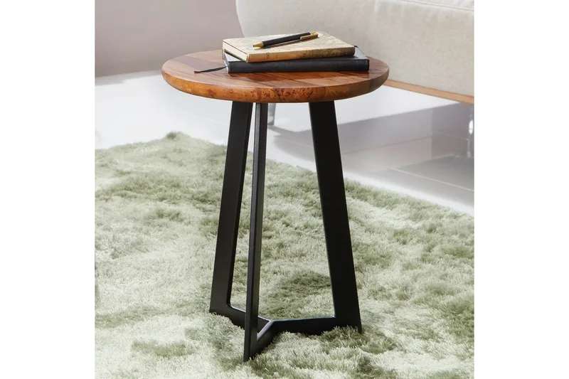 Sidebord Wohnling massivt tre svart metallramme rund 35 cm, industriell loftstil 45 cm - 45 cm - Møbler - Bord - Avlastningsbord & sidobord - Lampebord & sidebord