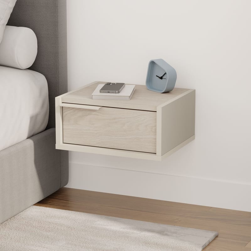 Silena Veggmontert Nattbord 40 cm med Tre- og Eikeutseende, Oppbevaring med Skuff - Beige - Møbler - Bord - Avlastningsbord & sidobord - Sengebord & nattbord