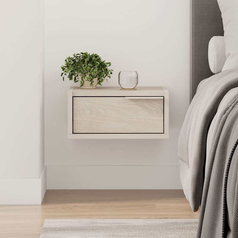 Silena Veggmontert Nattbord 40 cm med Tre- og Eikeutseende, Oppbevaring med Skuff - Beige - Møbler - Bord - Avlastningsbord & sidobord - Sengebord & nattbord