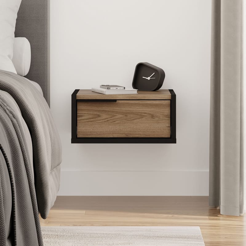 Silena Veggmontert Nattbord 40 cm med Tre- og Valnøttutseende, Oppbevaring med Skuff - Brun/Svart - Møbler - Bord - Avlastningsbord & sidobord - Sengebord & nattbord