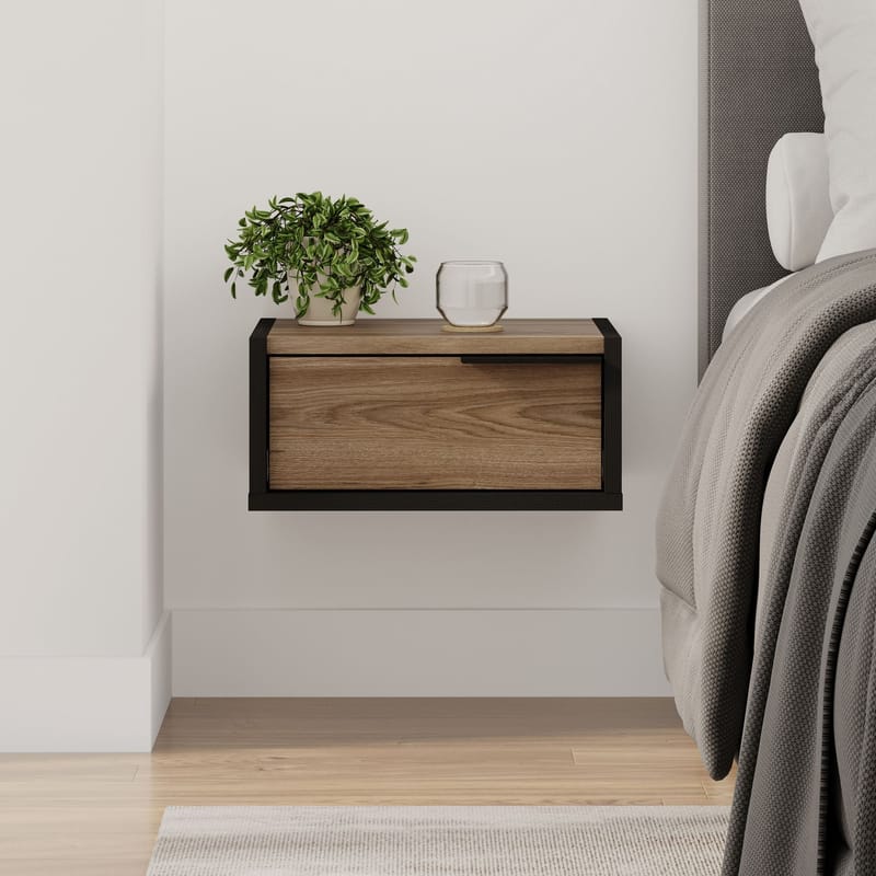 Silena Veggmontert Nattbord 40 cm med Tre- og Valnøttutseende, Oppbevaring med Skuff - Brun/Svart - Møbler - Bord - Avlastningsbord & sidobord - Sengebord & nattbord