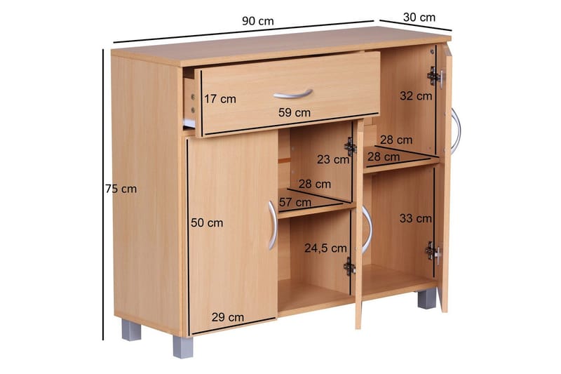 Skjenk Wohnling foliert sponplate 90x75 cm, 3 dører 1 skuff, moderne stil Bøk - Bøk - Møbler - Bord - Avlastningsbord & sidobord - Konsollbord & gangbord