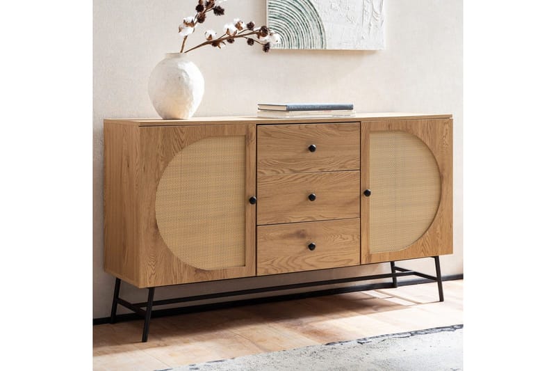 Skjenk Wohnling Foliert sponplate eikelook halvsirkel Rattanflett-utseende 2 dører 3 skuffer Moderne - Møbler - Bord - Avlastningsbord & sidobord - Konsollbord & gangbord