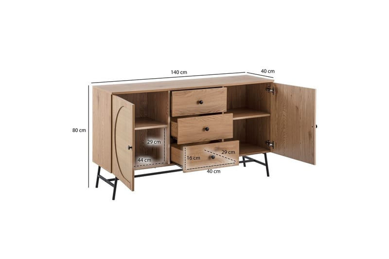 Skjenk Wohnling Foliert sponplate eikelook halvsirkel Rattanflett-utseende 2 dører 3 skuffer Moderne - Møbler - Bord - Avlastningsbord & sidobord - Konsollbord & gangbord