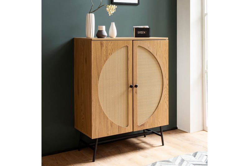 Skjenk Wohnling Foliert sponplate eikelook halvsirkel Rattanflett-utseende 2 dører Moderne - Møbler - Bord - Avlastningsbord & sidobord - Konsollbord & gangbord