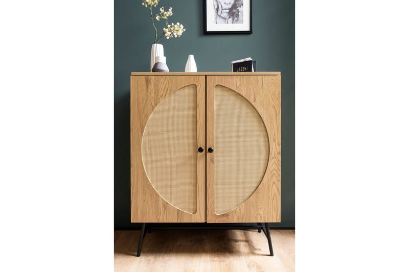 Skjenk Wohnling Foliert sponplate eikelook halvsirkel Rattanflett-utseende 2 dører Moderne - Møbler - Bord - Avlastningsbord & sidobord - Konsollbord & gangbord