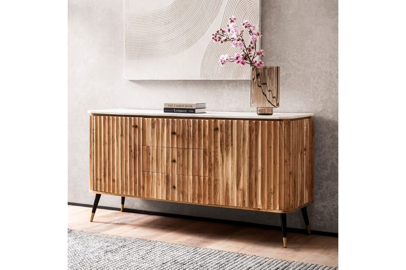 Skjenk Wohnling Heltre Ekte Lønnetre Topp 150 cm 2 Dører 3 Skuffer Moderne - Møbler - Bord - Avlastningsbord & sidobord - Pidestall & blomsterpidestall