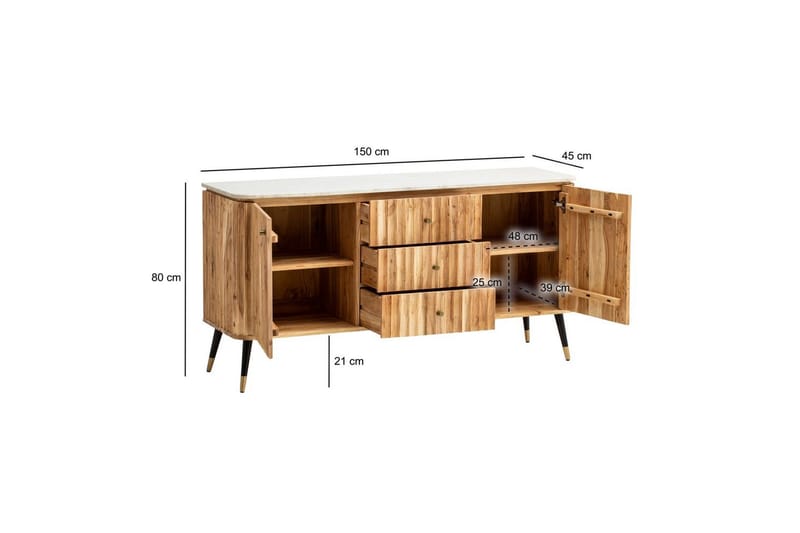 Skjenk Wohnling Heltre Ekte Lønnetre Topp 150 cm 2 Dører 3 Skuffer Moderne - Møbler - Bord - Avlastningsbord & sidobord - Pidestall & blomsterpidestall