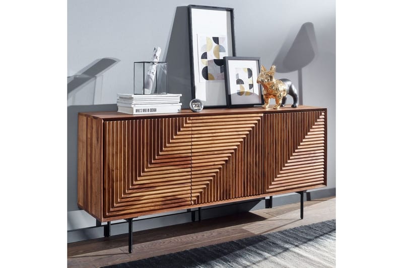 Skjenk Wohnling massivt tre, 3D geometrisk front, push-to-open, industriell loftstil 148 cm - 148 cm - Møbler - Bord - Avlastningsbord & sidobord - Konsollbord & gangbord