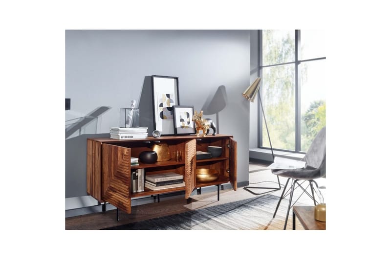 Skjenk Wohnling massivt tre, 3D geometrisk front, push-to-open, industriell loftstil 148 cm - 148 cm - Møbler - Bord - Avlastningsbord & sidobord - Konsollbord & gangbord