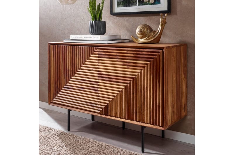 Skjenk Wohnling massivt tre, 3D geometrisk front, push-to-open, industriell loftstil 100 cm - 100 cm - Møbler - Bord - Avlastningsbord & sidobord - Konsollbord & gangbord