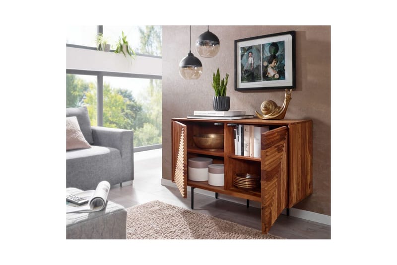 Skjenk Wohnling massivt tre, 3D geometrisk front, push-to-open, industriell loftstil 100 cm - 100 cm - Møbler - Bord - Avlastningsbord & sidobord - Konsollbord & gangbord