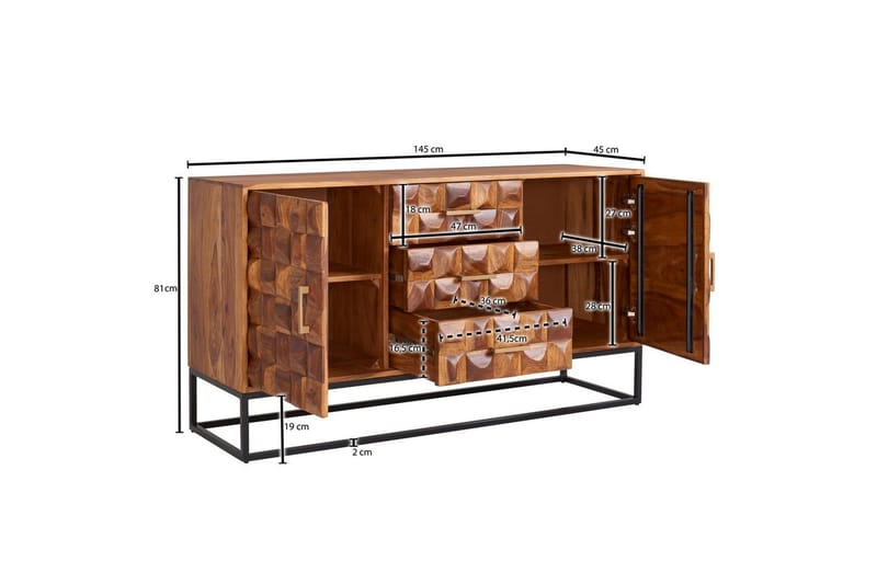 Skjenk Wohnling Massivt treverk design front 145 cm med 2 d�ører 3 skuffer industriell - Møbler - Bord - Avlastningsbord & sidobord - Konsollbord & gangbord