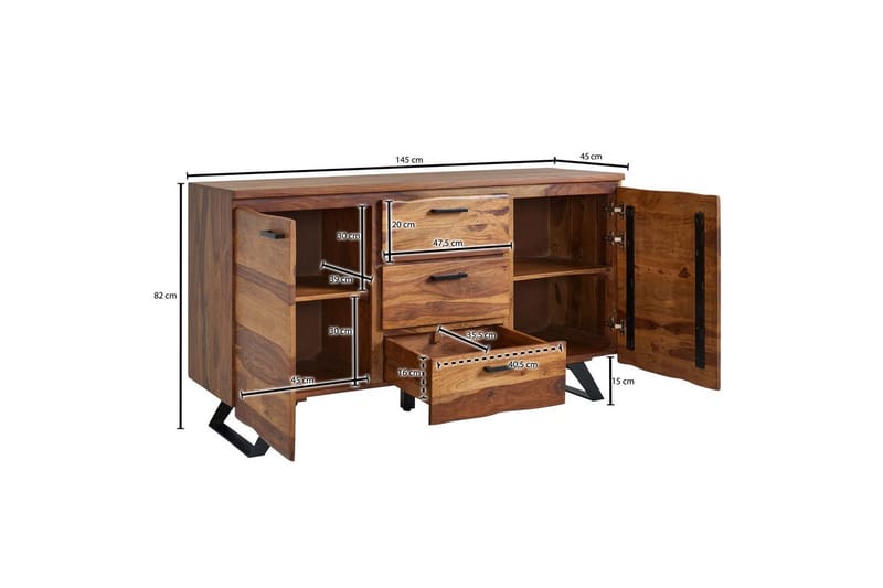 Skjenk Wohnling Massivt treverk trekanter 145 cm med 2 dører 3 skuffer industriell - Møbler - Bord - Avlastningsbord & sidobord - Konsollbord & gangbord