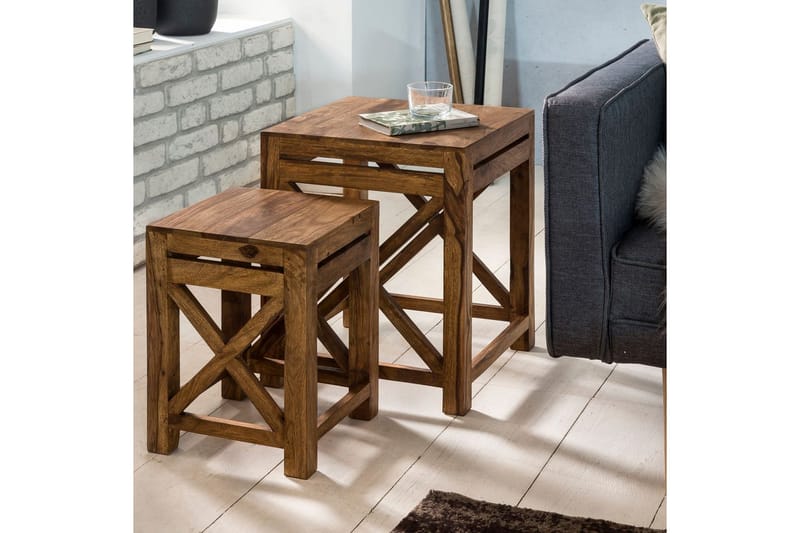 Sofabord Wohnling Sett med 2 massive treverk med X-ramme i landlig stil - Møbler - Bord - Avlastningsbord & sidobord - Lampebord & sidebord
